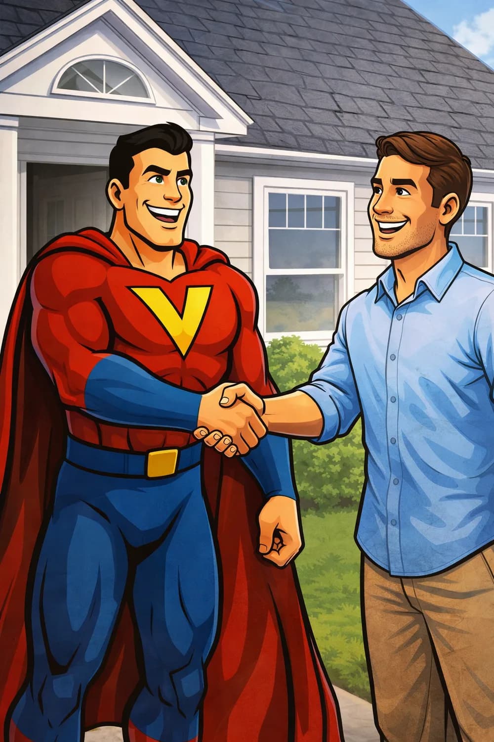 Cartoon Solar Attic Pros hero shaking hands with a homeowner outside a house