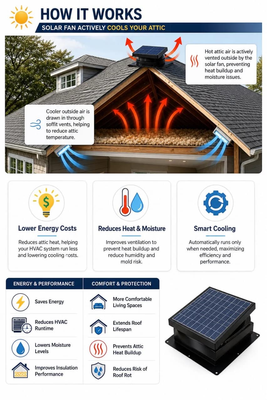 How it works: a solar fan actively cools your attic. Hot attic air is vented out, cooler outside air is drawn in through the soffit vents, lowering attic temperature. Energy and performance benefits include lower energy costs, reduced HVAC runtime, lower moisture, and improved insulation performance. Comfort and protection benefits include more comfortable living spaces, extended roof lifespan, prevented attic heat buildup, and reduced risk of roof rot.
