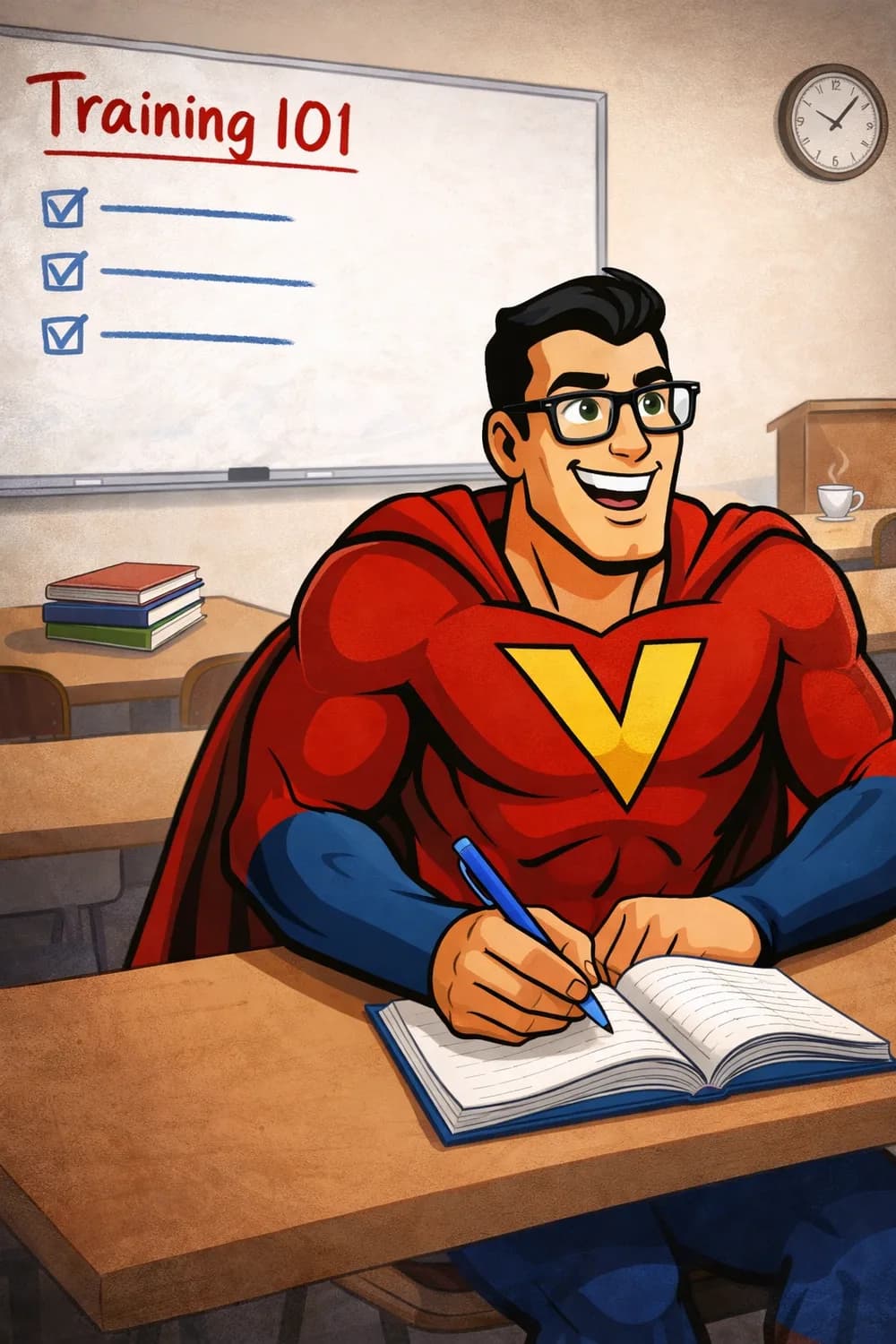 Cartoon Solar Attic Pros hero at a classroom desk under a Training 101 checklist