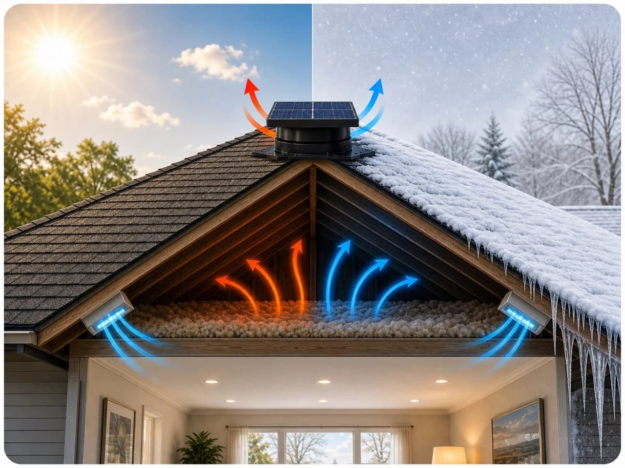 Year-round cutaway: a solar attic fan moves hot air out of a Alberta attic in summer and balances airflow in winter to manage moisture and ice damming